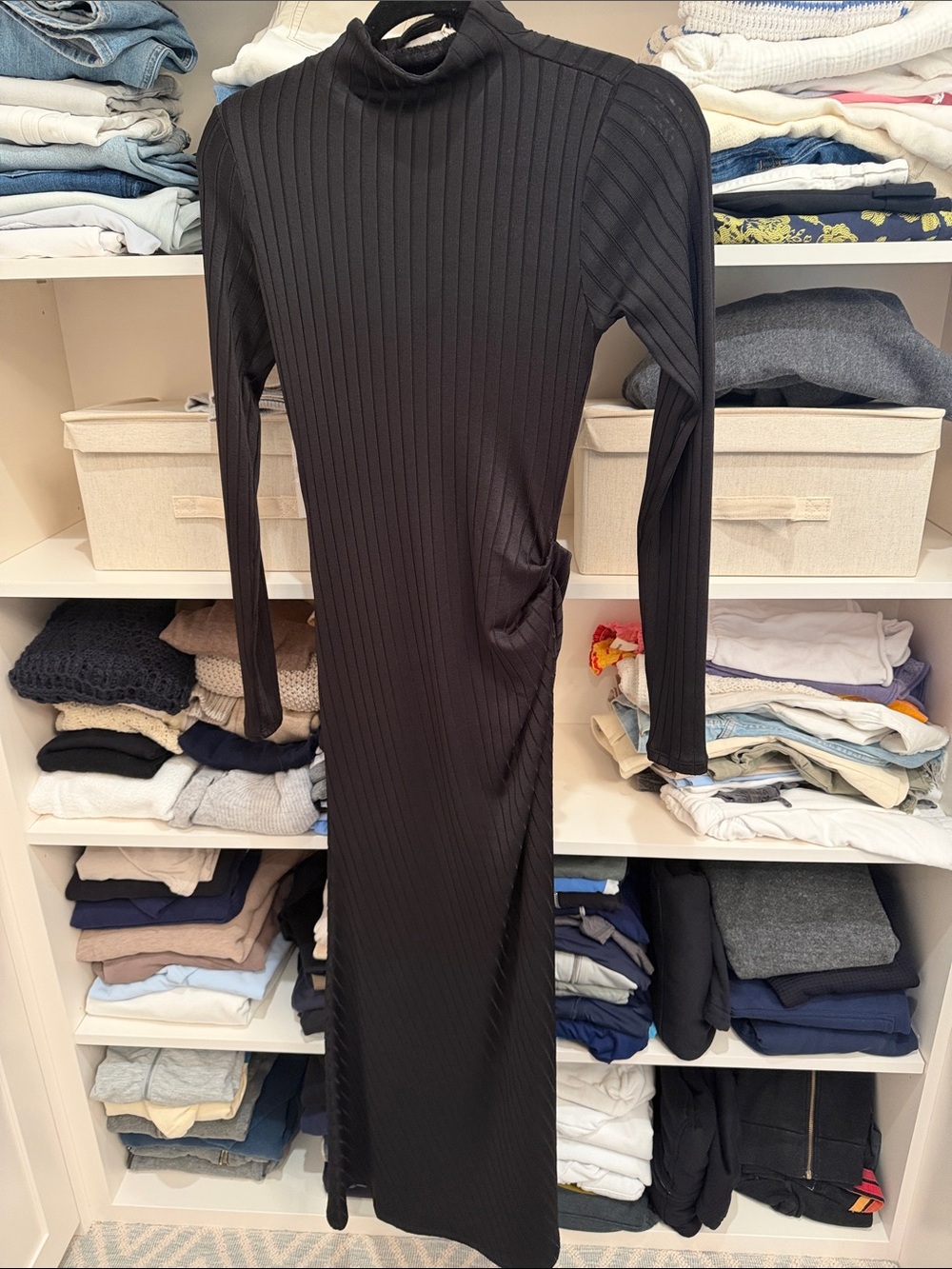 Good American Black Ribbed Long-Sleeve Maxi Dress